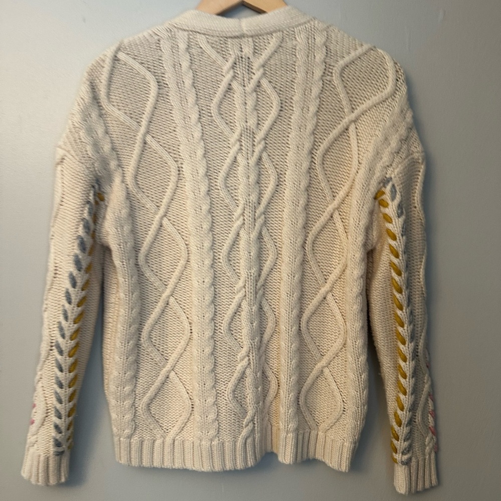 Michael Stars Cream Cable Knit Chunky Cardigan with Braided color Sleeve XS - Picture 4 of 10